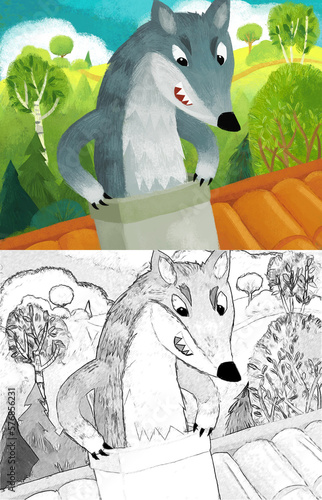 cartoon scene with wolf on the farm seeking farmer pigs illustration for chil...