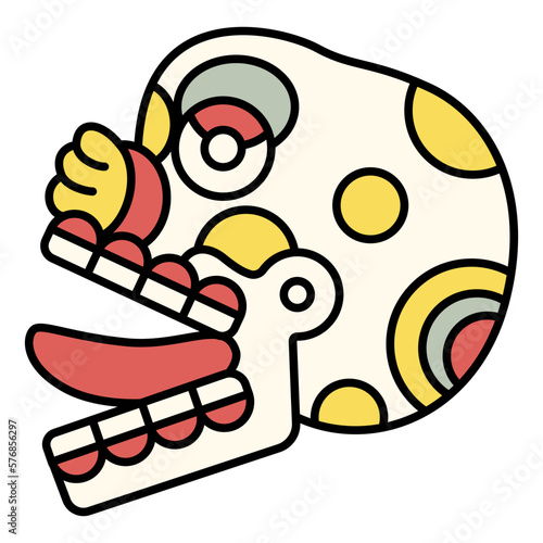 Stylized human skull with stick out tongue. Ancient Mexican codex design of Aztec Indians. Miquiztli. Isolated vector illustration. Dia de los Muertos symbol. Merry dead head.