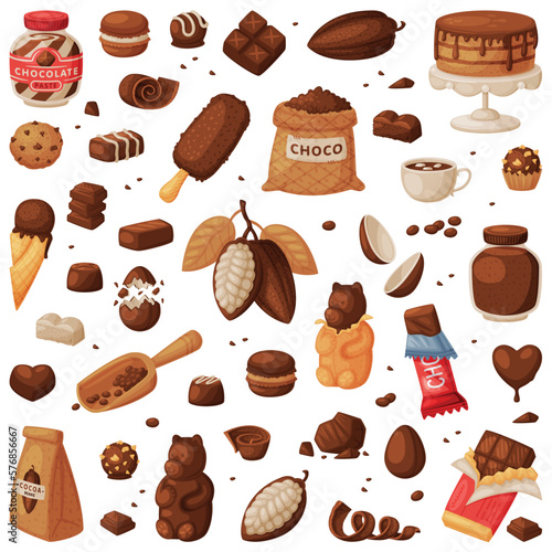 Chocolate products set. Tasty desserts, candies, drinks, ice cream and pastries cartoon vector illustration i