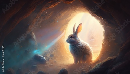 Lost in a dreamlike landscape, a mythical rabbit emerges from a veil of mist. Generative AI