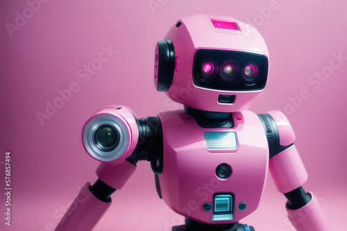 Cute pink android robot. Generative AI.