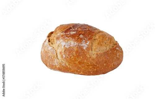 Rye and wheat brown sourdough bread round loaf with crispy crust isolated transparent png. 