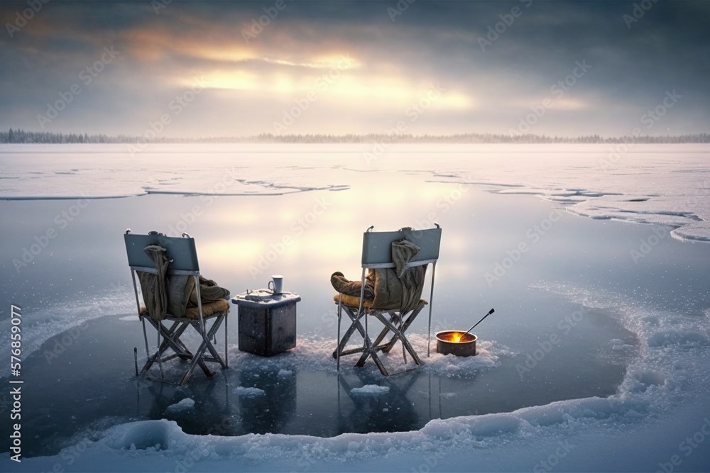 illustration, winter fishing with a pair of chairs on the ice, ai generative
