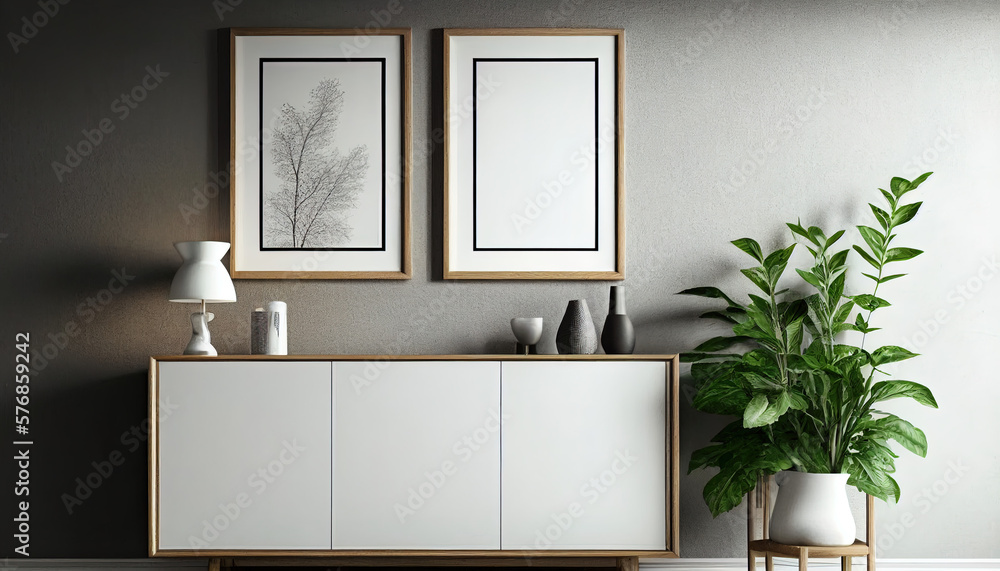 Fototapeta premium mock up two frame on cabinet in living room interior made with generative AI