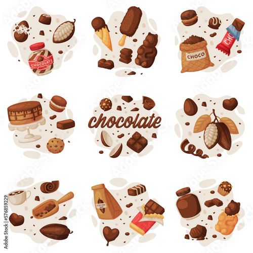 Chocolate set. Various chocolate tasty sweets and candies cartoon vector illustration