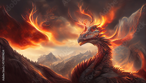 Giant red fire dragon Generative AI © Gergely
