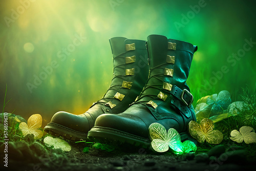 St Patricks Day concept art. Green boots with clovers and an abstract background. Festive background.