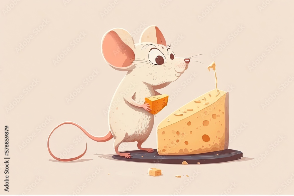 Rat in a home, eating cheese, against a white background. What a cute little dummy. Generative AI