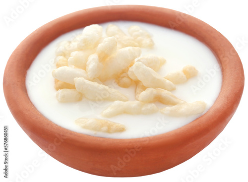Fresh milk in a clay pottery with puffed rice
