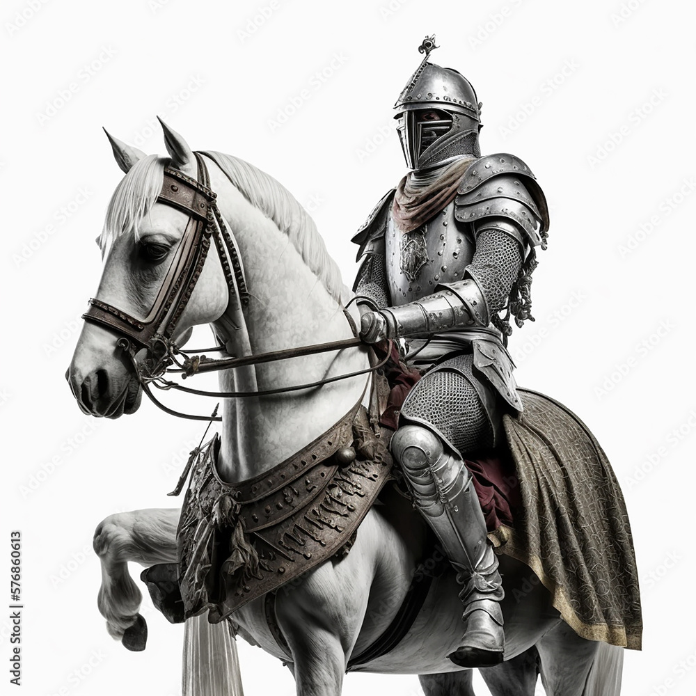 Obraz premium Medieval knight in ancient metal armor on a horse, clothes of a medieval warrior, armor helmet, isolated on white, close-up 