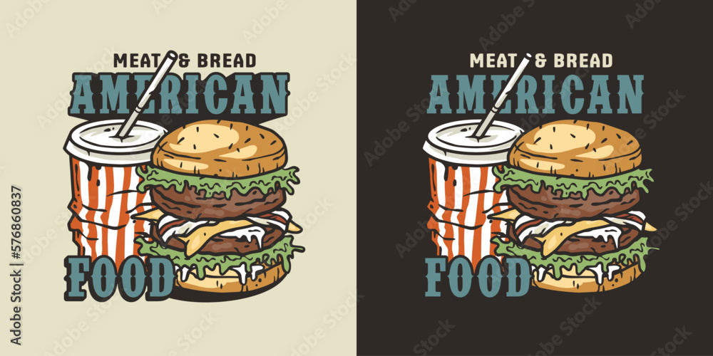 American fast food with striped cup and burger with meat, cheese and vegetable for logo or emblem. USA food or hamburger with bun, lettuce, cheese, tomato, onion, cutlet for cafe and restaurant.