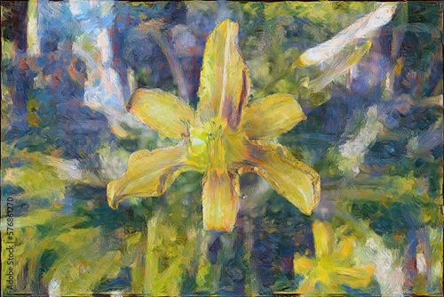 Oil painting digital art yellow daylily tiger lily flower with open petals and colorful lush garden defocused colorful nature background with copy space gardening garden party concept Generative AI
