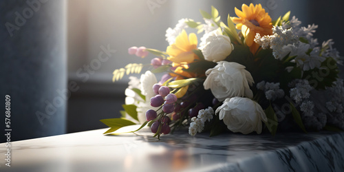 Bouquet of flowers on cemetery , funeral concept. Generative AI photo