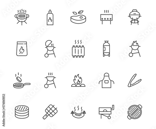 Grill barbeque vector line icon set. BBQ outdoor kitchen gas smoker outline icon butcher grill meat food.