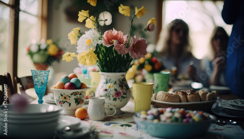  Easter Brunch Festivities  - a festive and colorful wallpaper background featuring an image of a delicious Easter brunch with floral accents and family togetherness  Generative AI