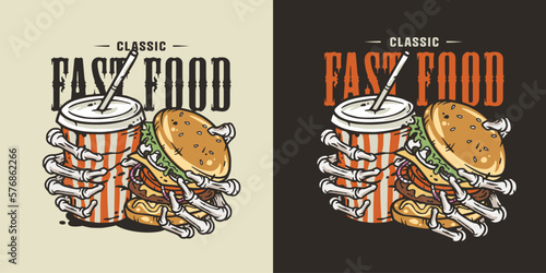 Fast food with cup and burger in skeleton hands. USA or american food with bones, striped cup and hamburger with meat, cheese and vegetable for logo or poster