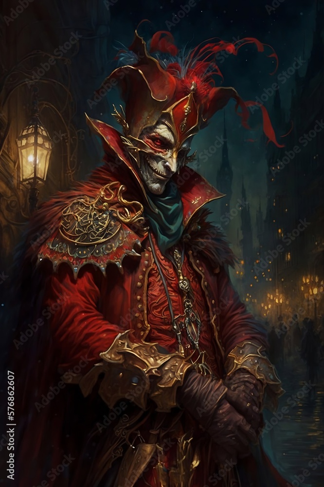 The Jester named Half laugh dressed in red and gold court coat with a Venetian carnival Mask In The City Of Madness at night The Jester named Half laugh dressed in red and gold court coat with a Venetian carnival Mask In The City Of Madness at night