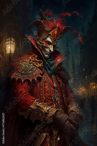 The Jester named Half laugh dressed in red and gold court coat with a Venetian carnival Mask In The City Of Madness at night