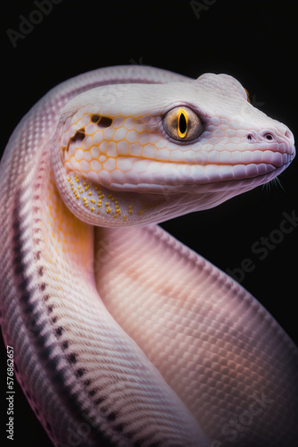 Portrait of an albino snake close-up on a black background  snake white. skin with a pink tint portrait. Generative AI.