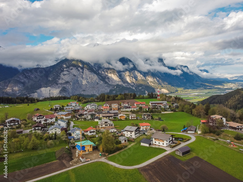 Aerial view Oberperfuss town in Tirol Austria by drone.