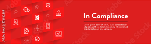 In Compliance web header banner w icon set that shows a company passed inspection