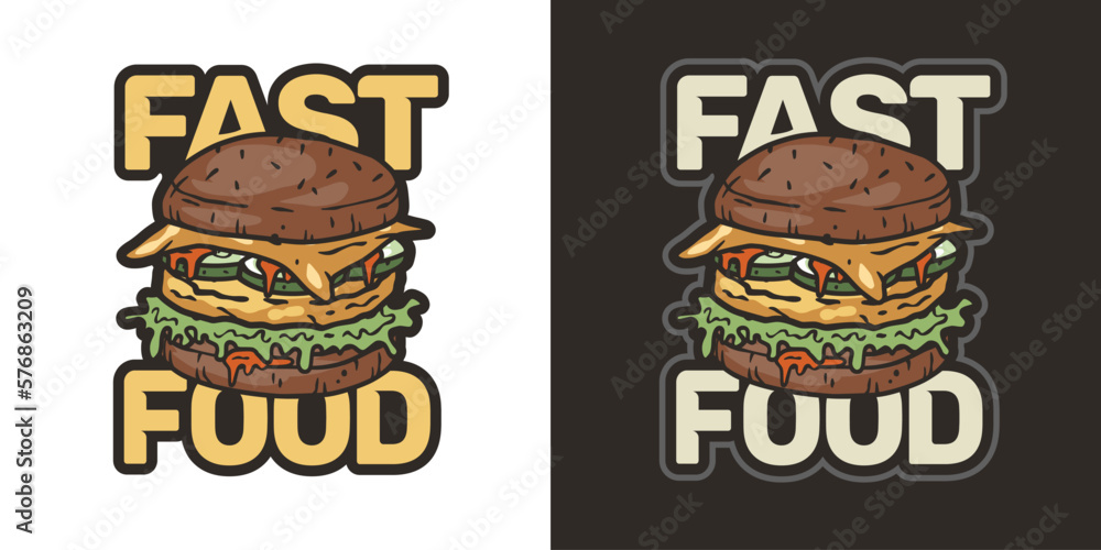 American fast food or burger with meat, cheese and vegetable for logo or emblem. USA food or hamburger with bun, lettuce, cheese, tomato, onion, cutlet for cafe and restaurant.