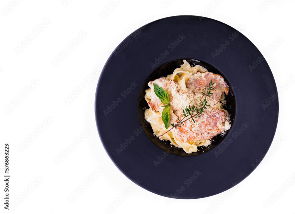 pasta with bacon with thyme and mint on white background for restaurant menu