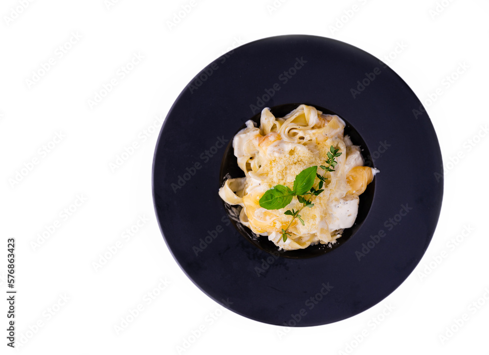 pasta with bechamel sauce with thyme and mint on white background for restaurant menu pasta with bechamel sauce with thyme and mint on white background for restaurant menu