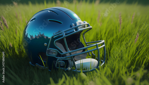 Football helmet lying in the grass created with generative AI technology photo