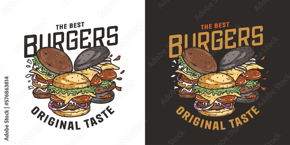 Burger with meat, cheese and vegetable for logo or emblem. American fast food or hamburger for poster. USA food with bun, lettuce, cheese, tomato, onion, cutlet for store.
