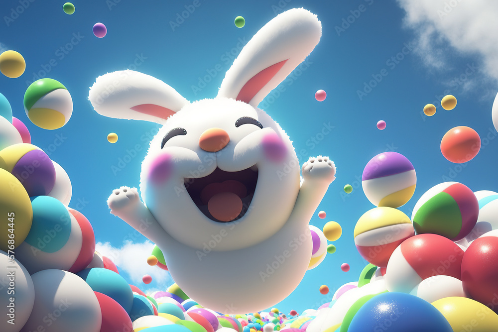 Easter bunny in the blue sky with eggs flying in the air smile, sunset sunshine, happy Easter. Generative AI.