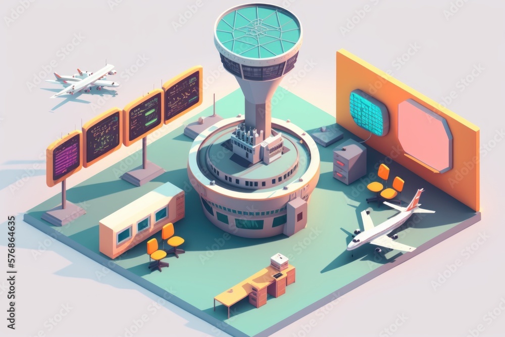 Creating a Futuristic Airport Control Tower Scene: 3D Isometric View ...