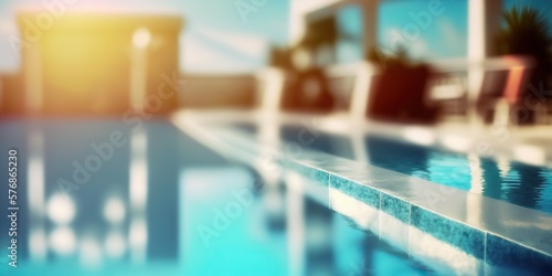 Swimming pool on a rooftop bokeh background. Generative AI