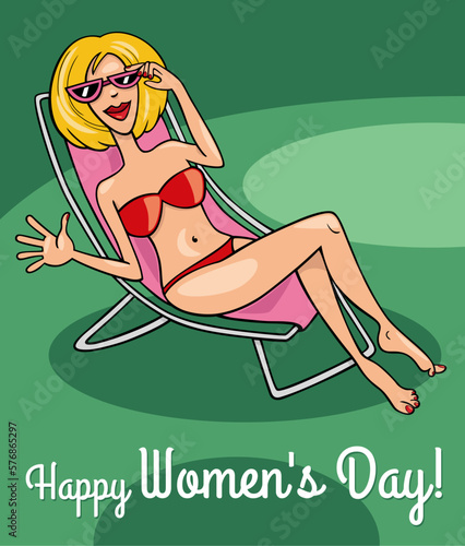 Women's Day design with cartoon woman on beach chair