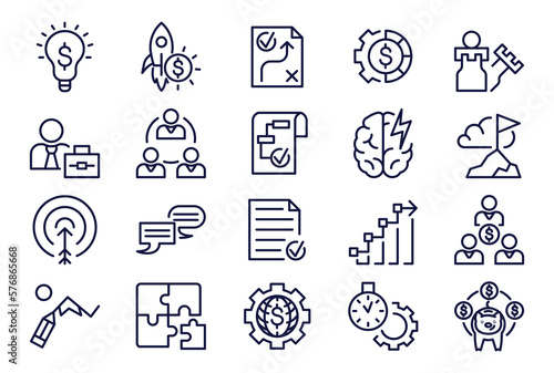 Set of simple business icon. Global economy, financial management, entrepreneurship, partner negotiation, income growth and brainstorming. Cartoon linear vector collection isolated on white background