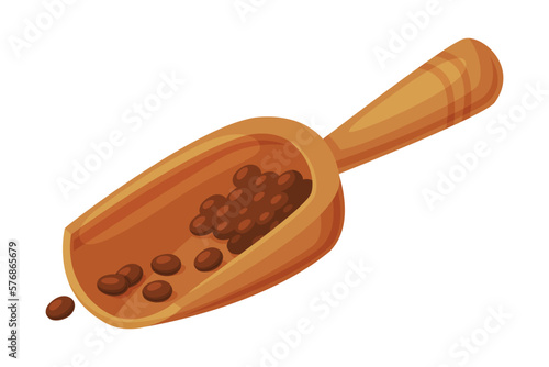 Scoop with cocoa beans sack. Chocolate dessert, sweets, drinks and pastry food ingredient cartoon vector illustration