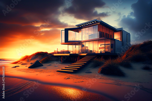 Prefab House at Beach on sunset. Suburban Townhouse near ocean. California beach home at sea. Coastal Modular luxury apartments, Modern beach home on sunset. Villa by sea, AI Generative Illustration.