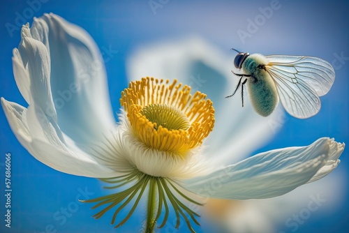 Macro photograph of a white anemone flower with yellow stamens and a butterfly in flight against a blue sky and shallow depth of field. Subtle creative depiction of the splendor of nature. Generative