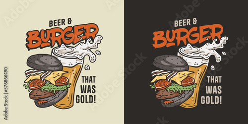 Beer mug and burger with meat, cheese and vegetable for logo, poster or menu. American fast food or USA food with bun, lettuce, cheese, tomato, onion, cutlet for store