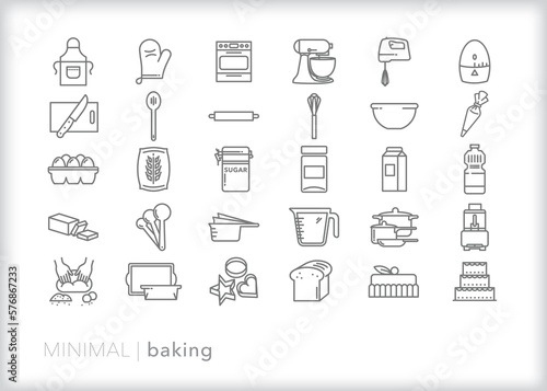 Fotomurale Set of baking line icons of equipment and ingredients for home bakers to make br
