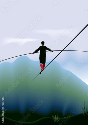 vector illustration of the person walking a tightrope in the mountains, blue sky, clouds, balance concept.