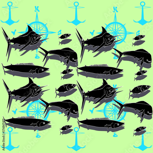 Marine pattern with compass, anchors and deep water game fish silhouettes. Lime Green background photo