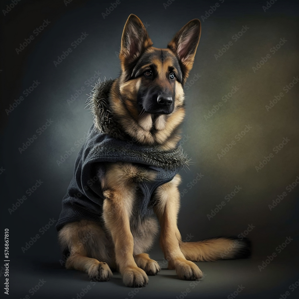 Portrait of a German Sheperd with clothes