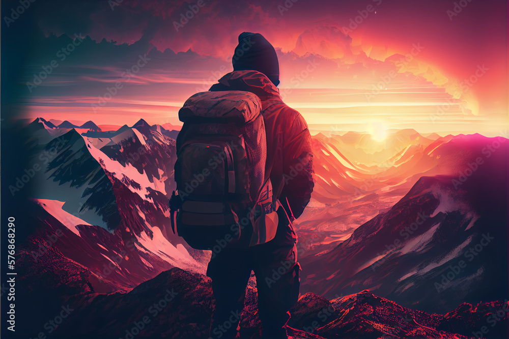 Male backpacker enjoying the view on mountain walk in Himalayas. Face ...