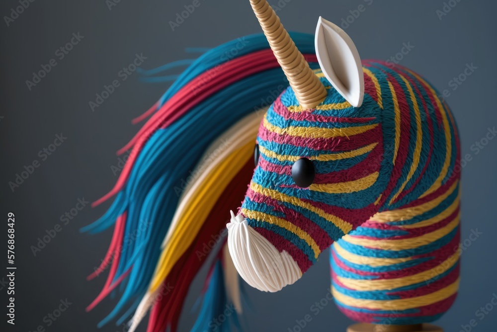 Paper piñata of a unicorn, done by hand. A mane of multicolored strands, including pink, yellow, blue, purple, and magenta. A golden horn and hoof. Generative AI