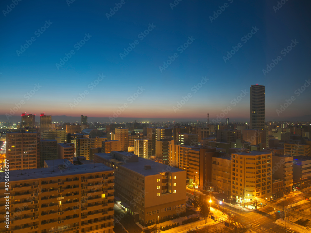 Hokkaido,Japan - February 28, 2023: Sapporo City at morning dawn, Hokkaido, Japan
