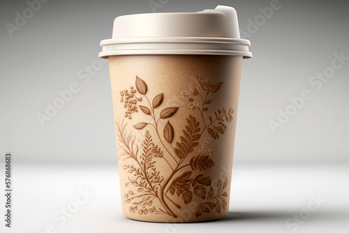  Disposable paper with lid Cup for hot coffee or tea. Ilustration. Generative AI