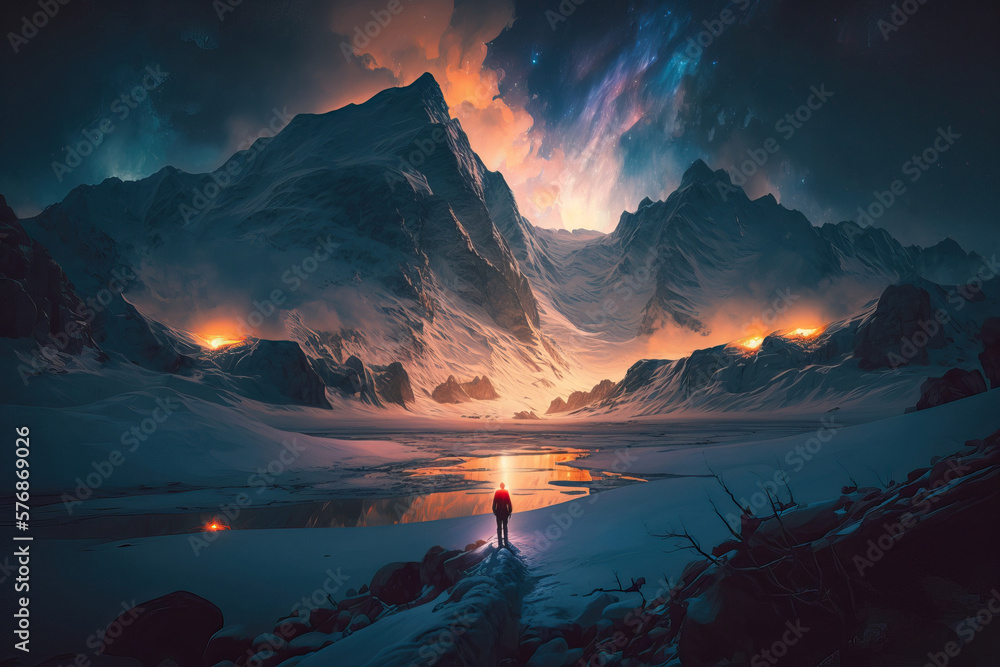 Epic winter arctic landscape. A man stands on a rock and looks into the distance at the mountains. Polar night, stars in the sky. A traveler on a hike in the majestic northern nature. Generative AI. - obrazy, fototapety, plakaty 