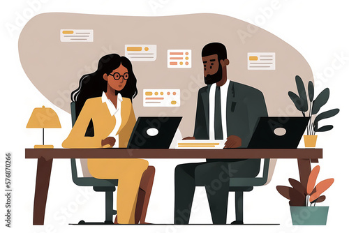 Flat vector illustration Multiethnic Indian male mentor and African American female intern sitting at desk with laptop, doing paperwork together, discussing project financial report. Enterprise custom