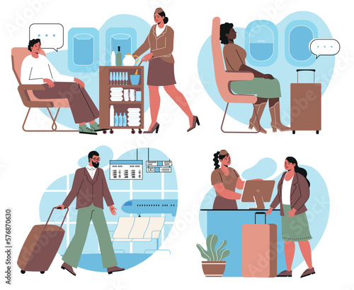 Set of scenes with aircraft passengers